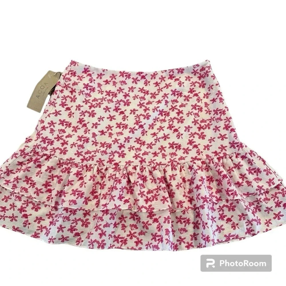 ACOA Ditzy Floral Pink & White Tiered Ruffle Mini Skirt Size Large